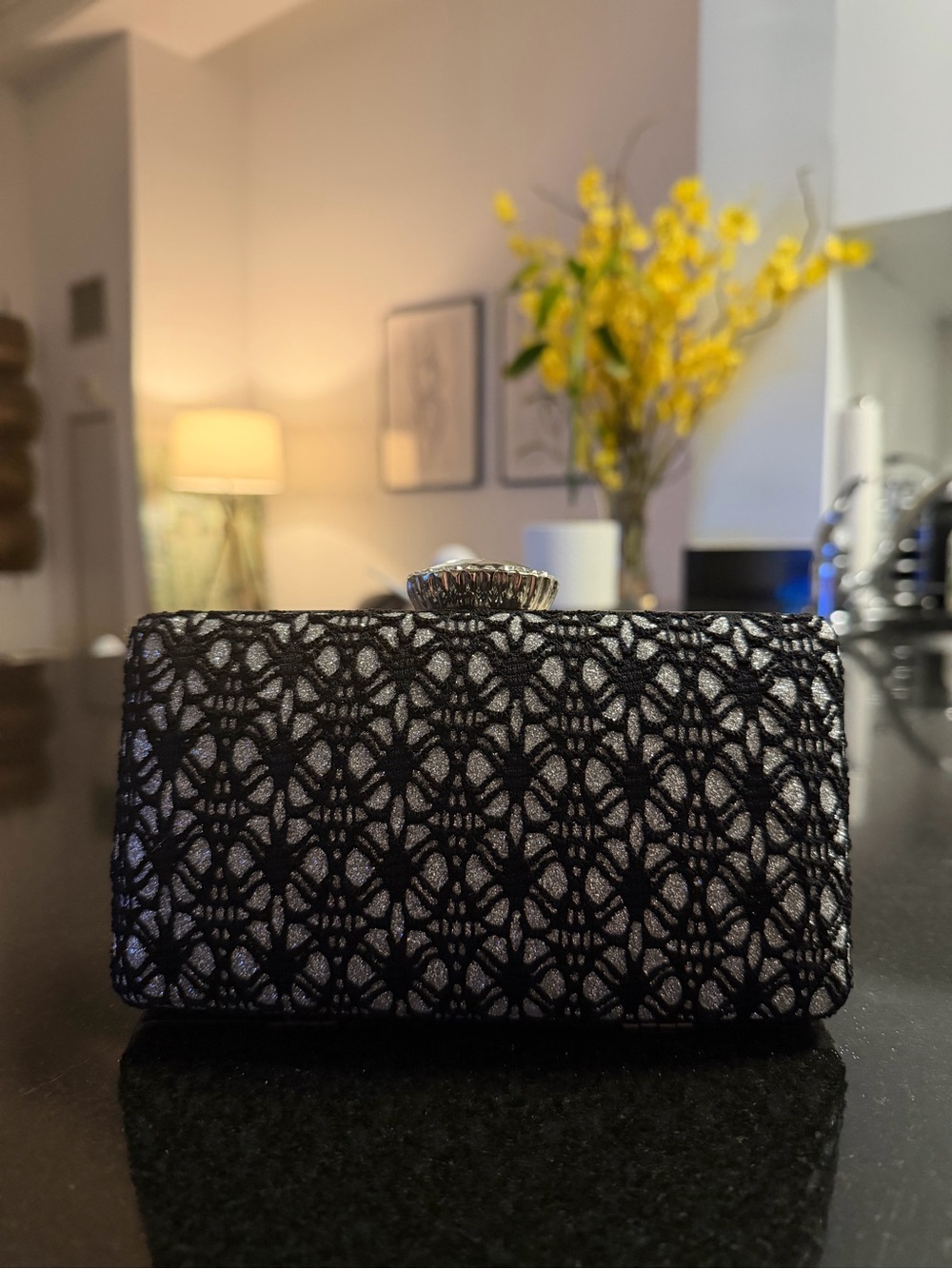 Black Lace Overlay Evening Clutch Bag - New